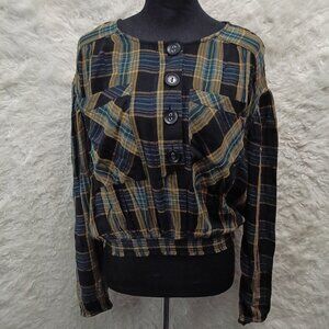 Free People Women's Its the Good Life Plaid Crop Top Long Sleeve Buttons